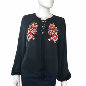 Haute Rouge NWT Black Chiffon Blouse Embroidered Red Roses Long Sleeves